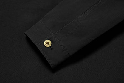 Solid brass buttons on the placket, pocket, cuff are stamped with Roughchild type. 