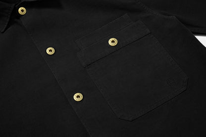 Solid brass buttons on the placket, pocket, cuff are stamped with Roughchild type. Large chest pocket keeps essentials secure.